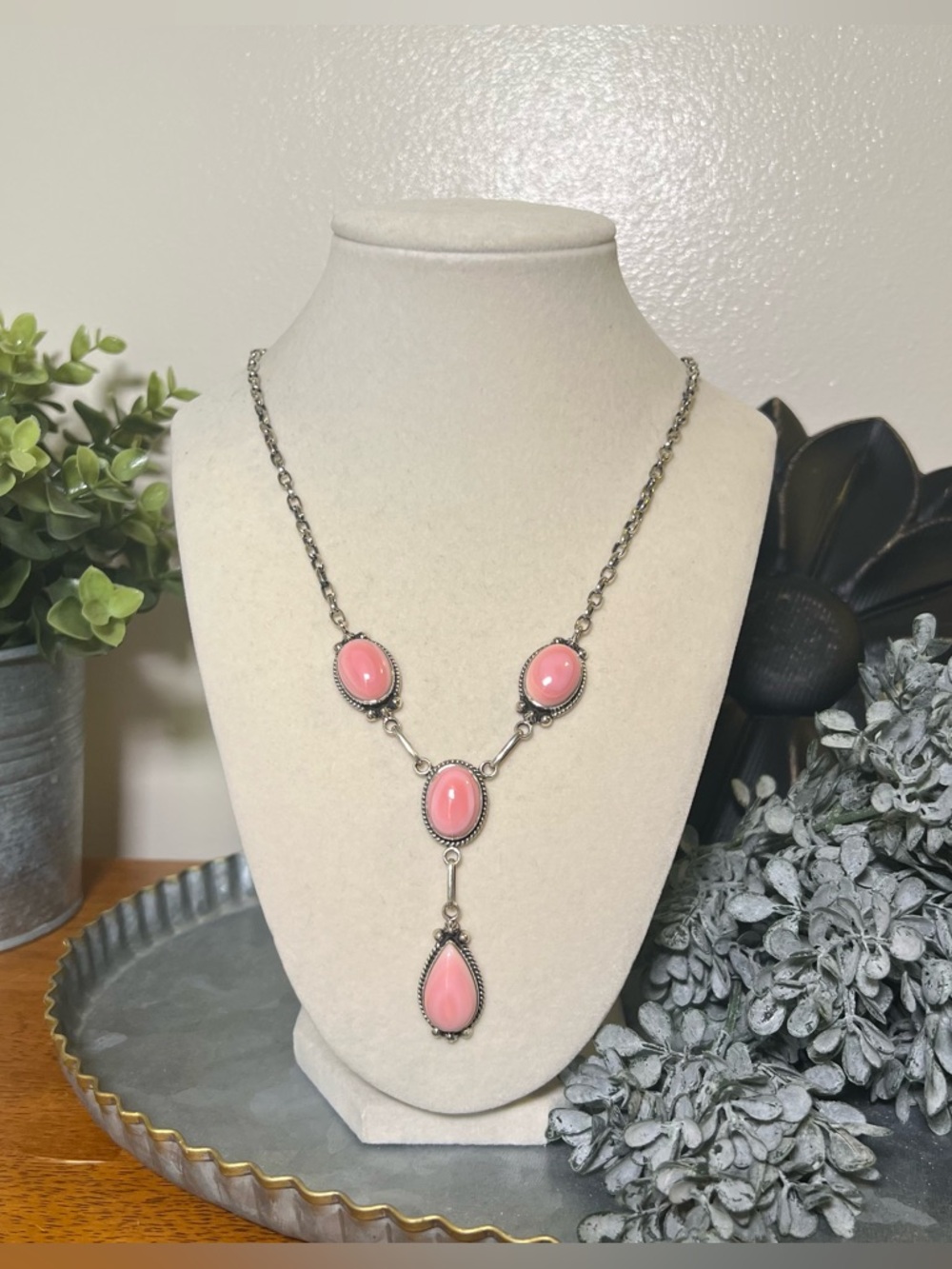 925 Sterling Pink Conch Lariat Necklace Statement Southwestern Elegant